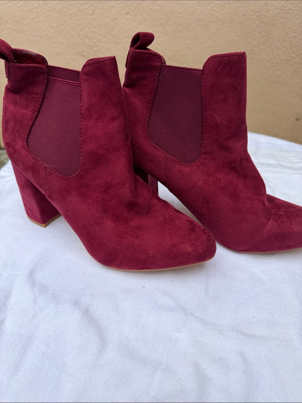 Allegra K Women's Burgundy Suede Block Heel Ankle Booties